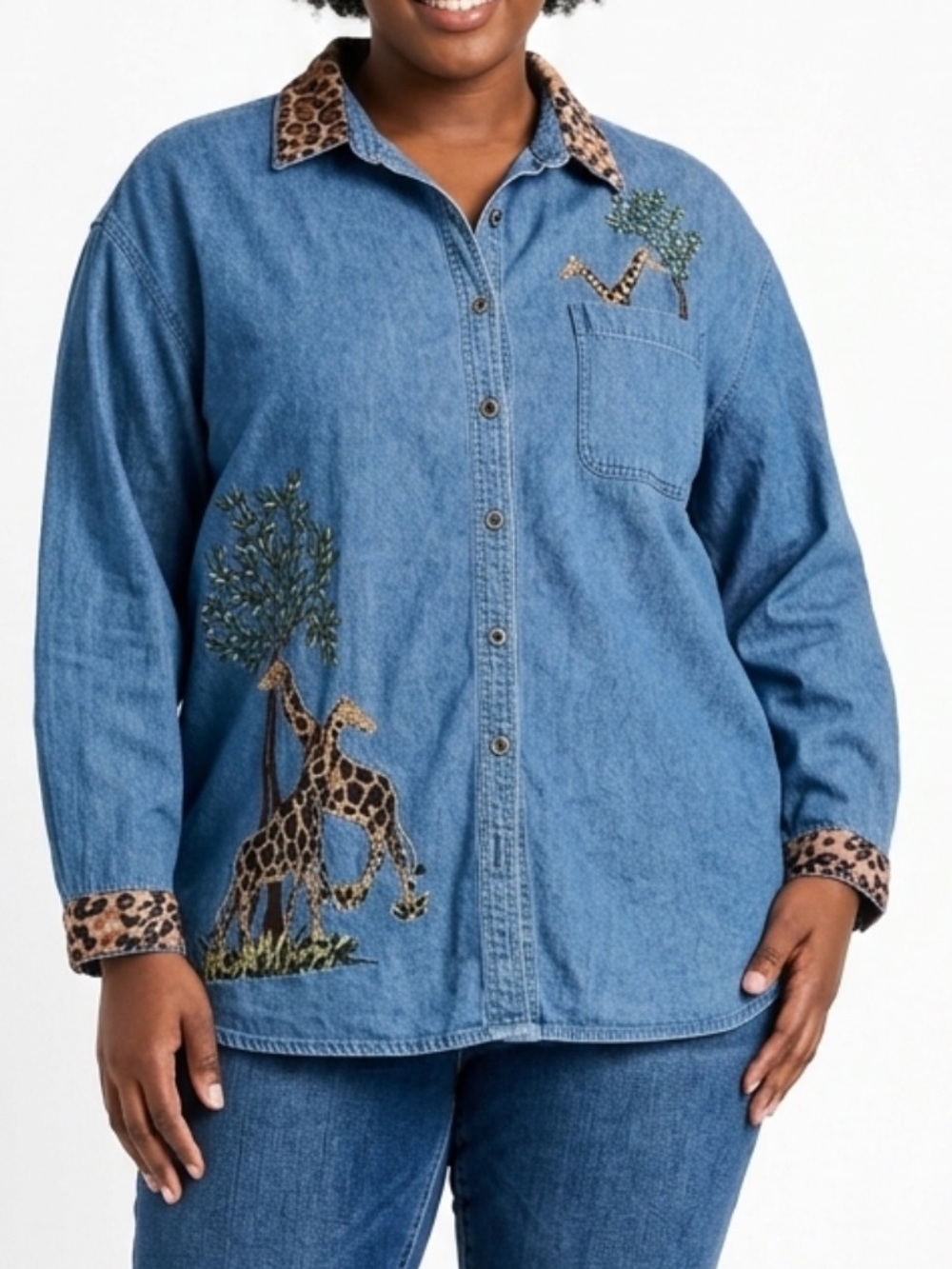 Vintage Giraffe Denim Shirt Women’s Size 2X Blue Safari Embroidered Medium Wash